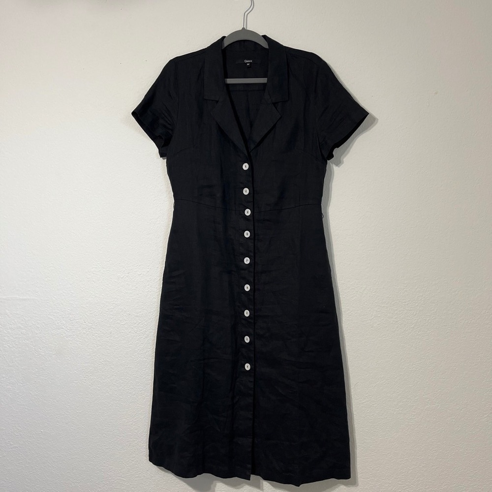 Quince 100% European Linen Button Front Midi Dress Black Collared 
Size M